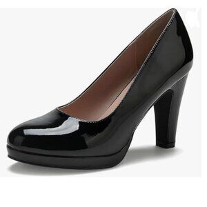 miss left Black Low Platform Chunky High Heels Slip On Closed Round Toe Pump